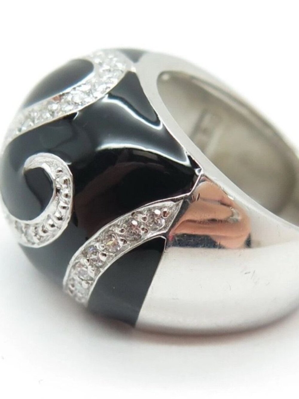 Vintage Sterling Silver 925 Black Enamel Pave CZ Swirl Dome Statement Ring